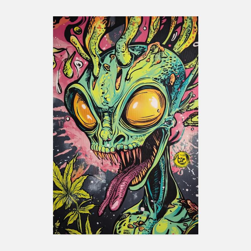 Psychedelic Alien Neon Graffiti Poster 8" x 12" (20x30 cm)