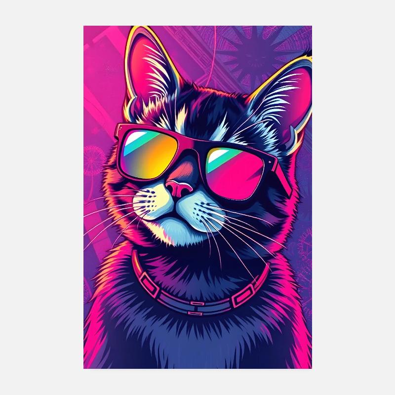 Vaporwave Cat Pink Blue Synthwave Futuristic Poster 8" x 12" (20x30 cm)