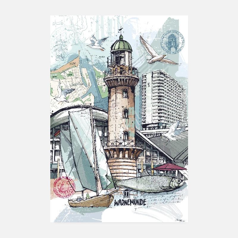 Warnemünde Collage mit Leuchtturm - Poster 20x30 cm - Weiß