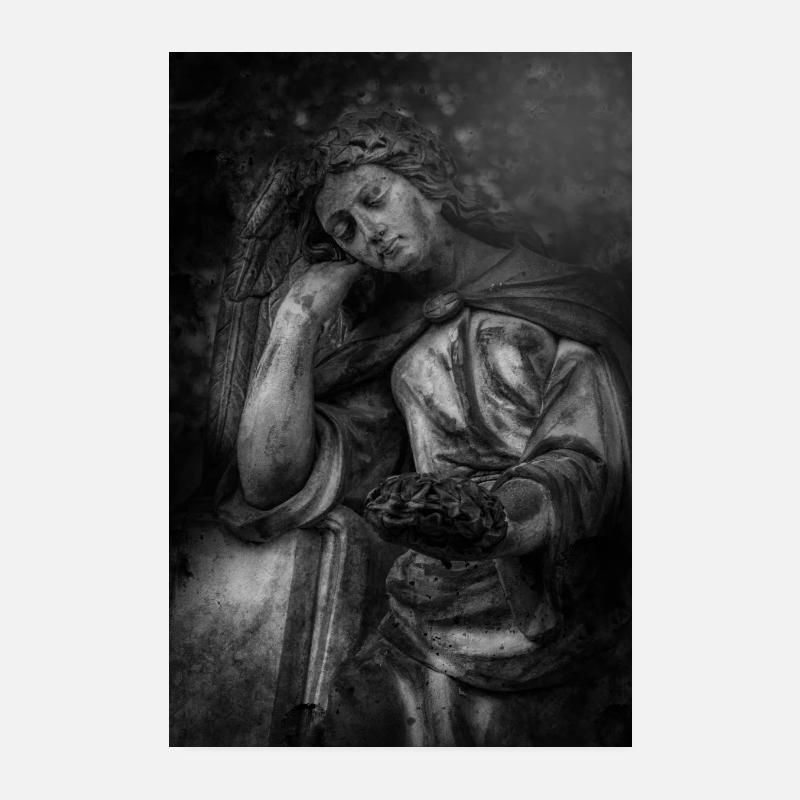 Poster Engel Statue Schwarz Weiß Marmor Friedhof Poster 20x30 cm