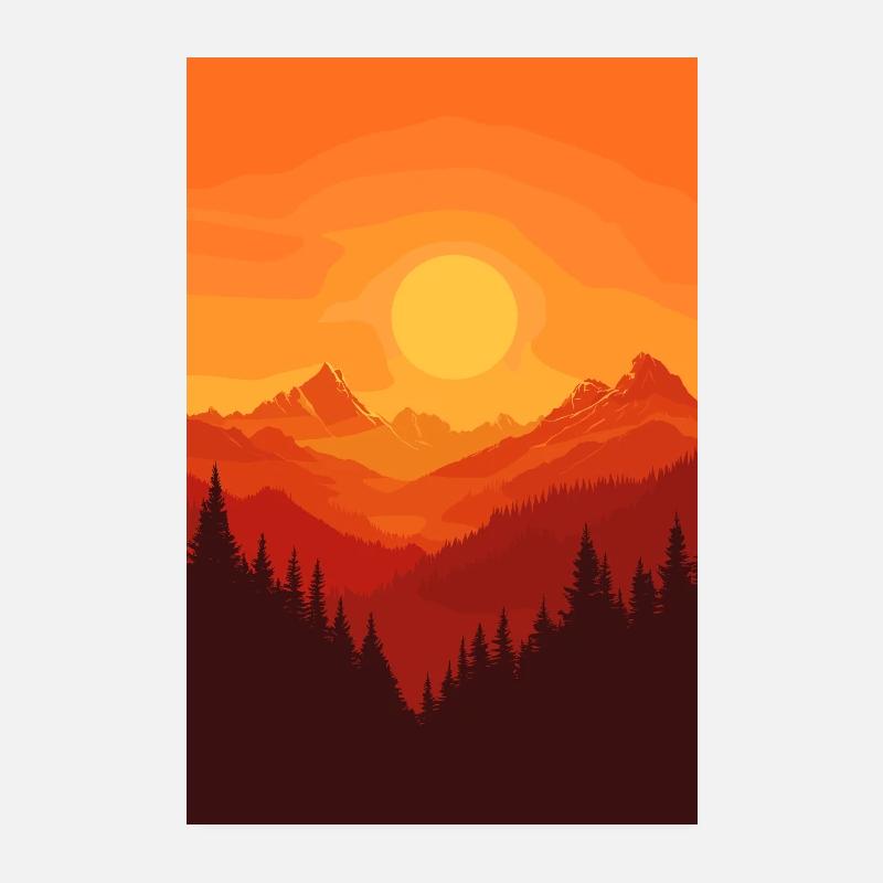 Coucher de soleil sur les montagnes et la forêt Poster 20 x 30 cm