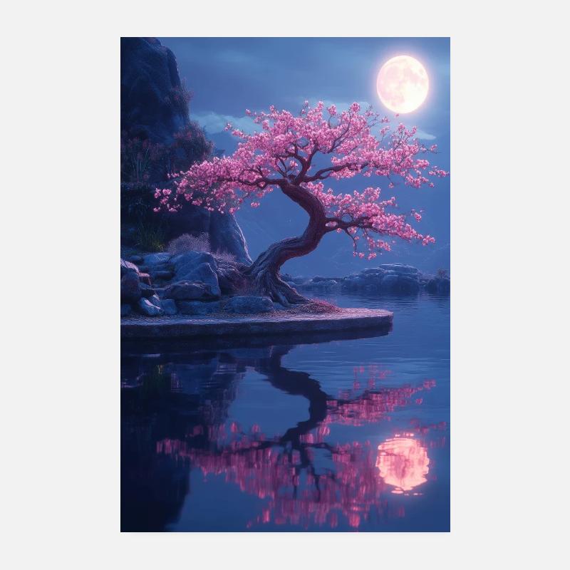 Blossoming Tree Moonlight Reflection Lake Poster 8" x 12" (20x30 cm)