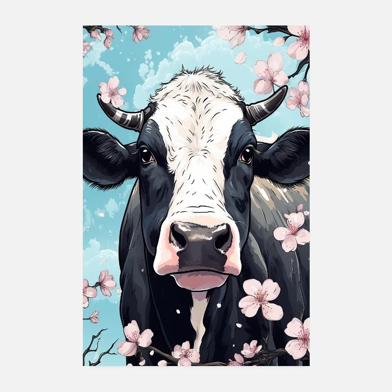 Cow Illustration Cherry Blossoms Sky Poster 8" x 12" (20x30 cm)