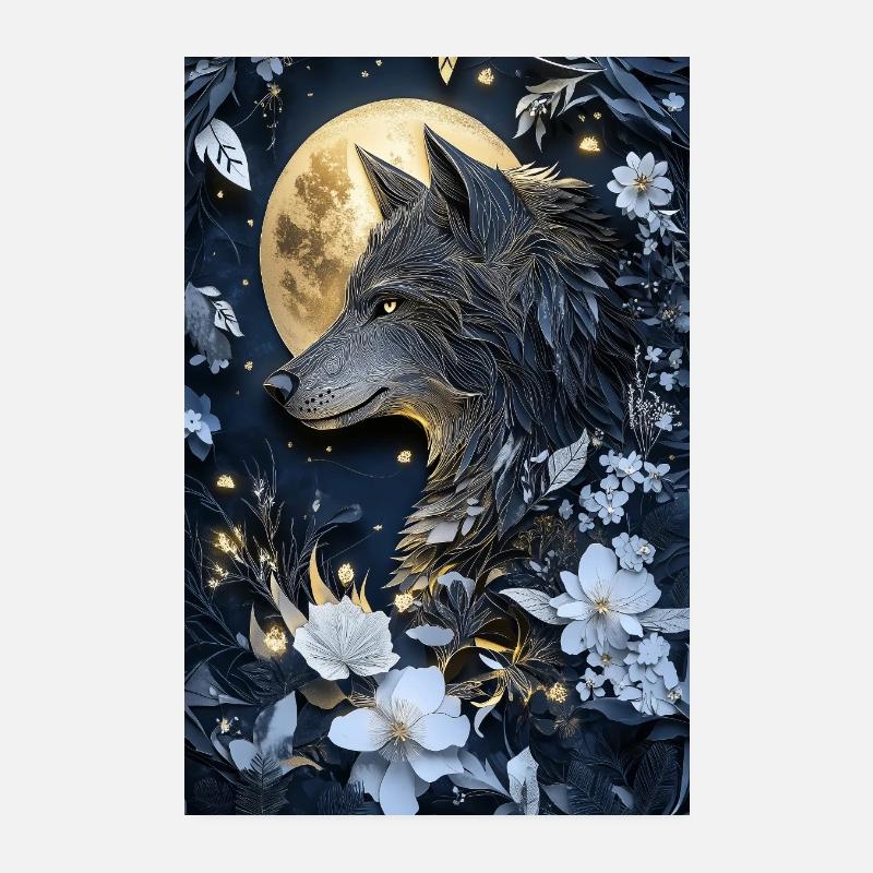 loup lune fleurs nuit image Poster 20 x 30 cm