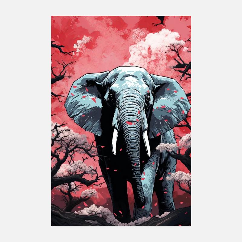 Elephant Art Red Forest Poster 8" x 12" (20x30 cm)