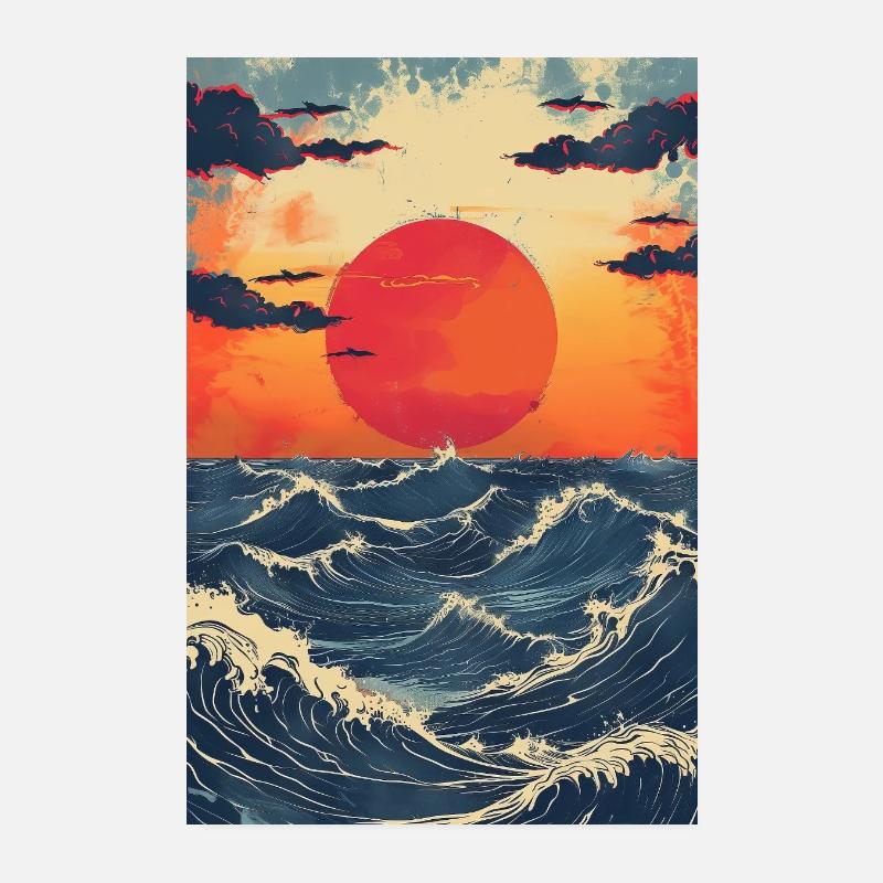 Coucher de soleil sur une mer orageuse Poster 20 x 30 cm