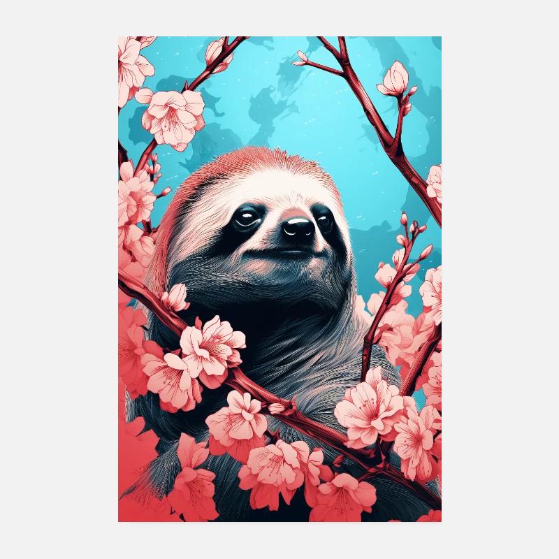 Sloth Cherry Blossoms Illustration Art Poster 8" x 12" (20x30 cm)