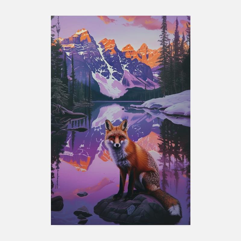Fox Mountain Lac Coucher de soleil Réflexion Poster 20 x 30 cm