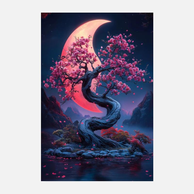 Moonlight Cherry Blossom Tree Landscape Poster 8" x 12" (20x30 cm)