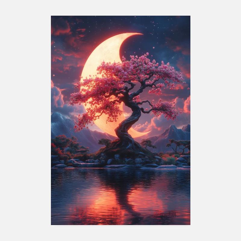 Zauberhafter Abend Kirschbaum Halbmond Landschaft Poster 20x30 cm