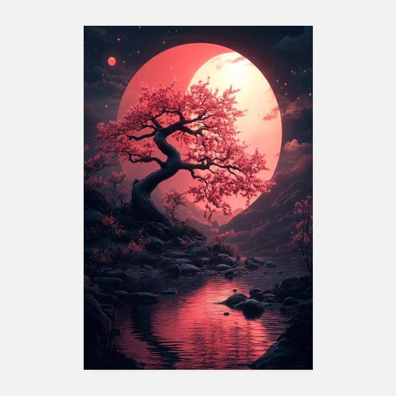 Cherry Blossom Tree Moonlight Nightscape Water Poster 8" x 12" (20x30 cm)