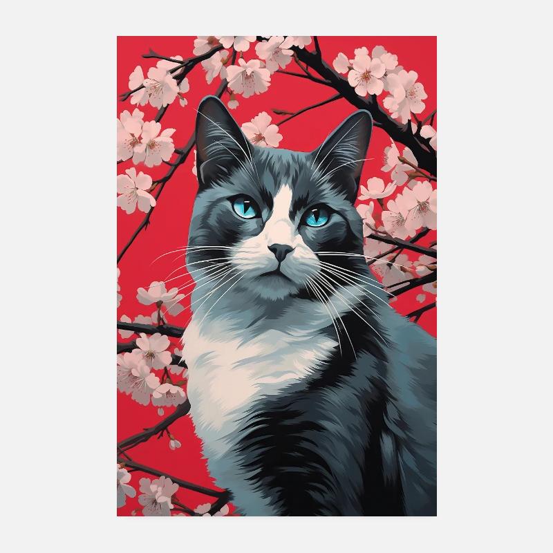 Chat Cerisier Fleur Illustration Art Poster 20 x 30 cm