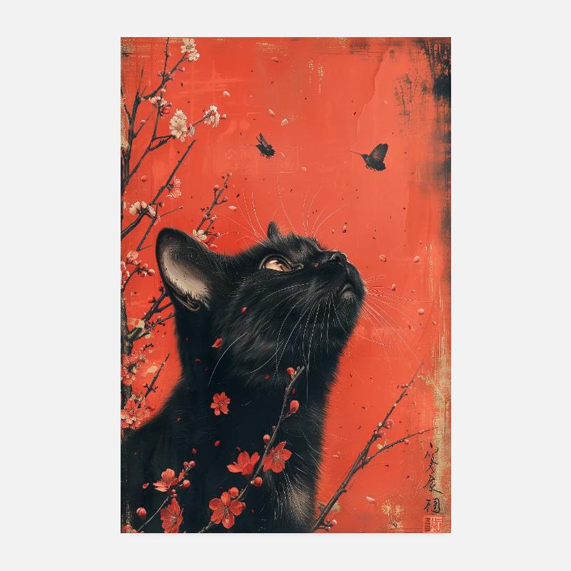 Chat Noir Papillons Fleurs Japonais Poster 20 x 30 cm