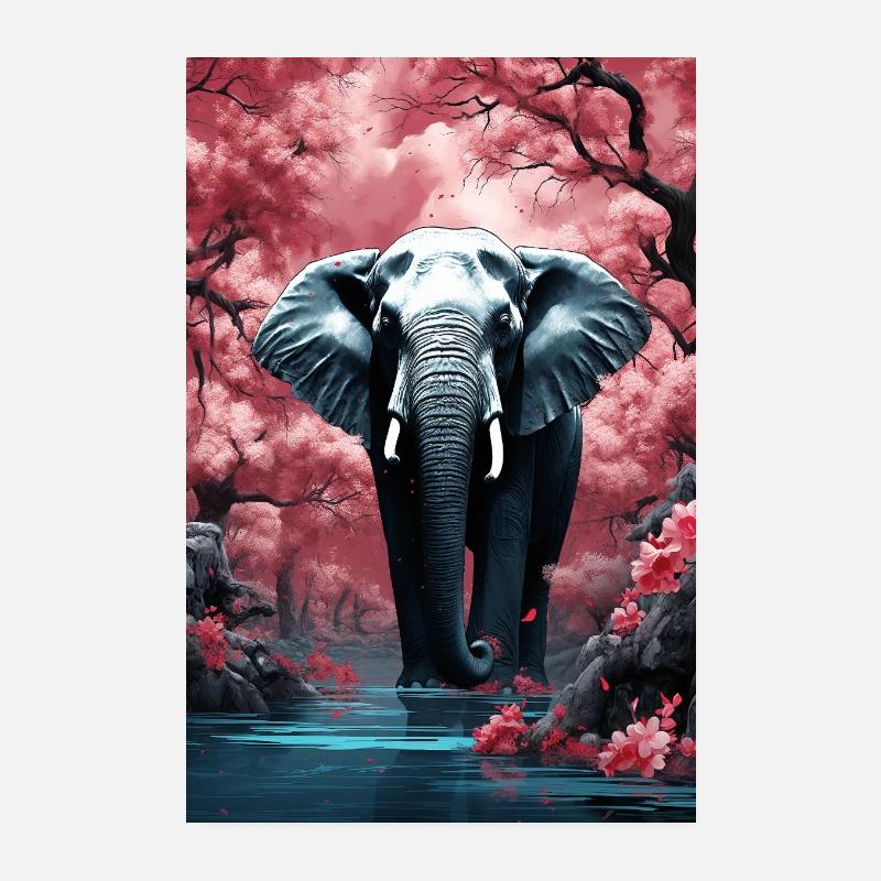 Forêt d’éléphants Surréaliste Arbres roses Eau Poster 20 x 30 cm