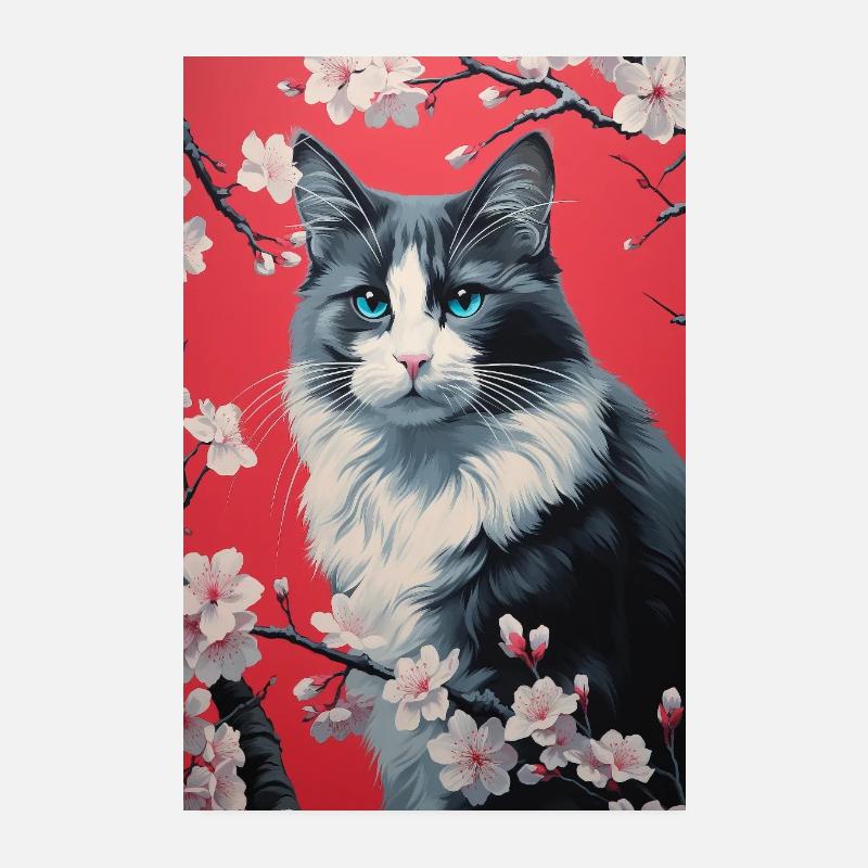 Cat Flowers Cherry Blossoms Portrait Spring Poster 8" x 12" (20x30 cm)