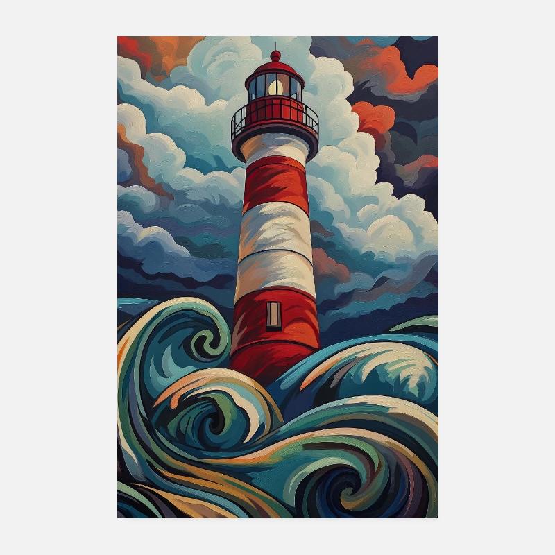 Lighthouse Storm Sea Waves Sky Poster 8" x 12" (20x30 cm)