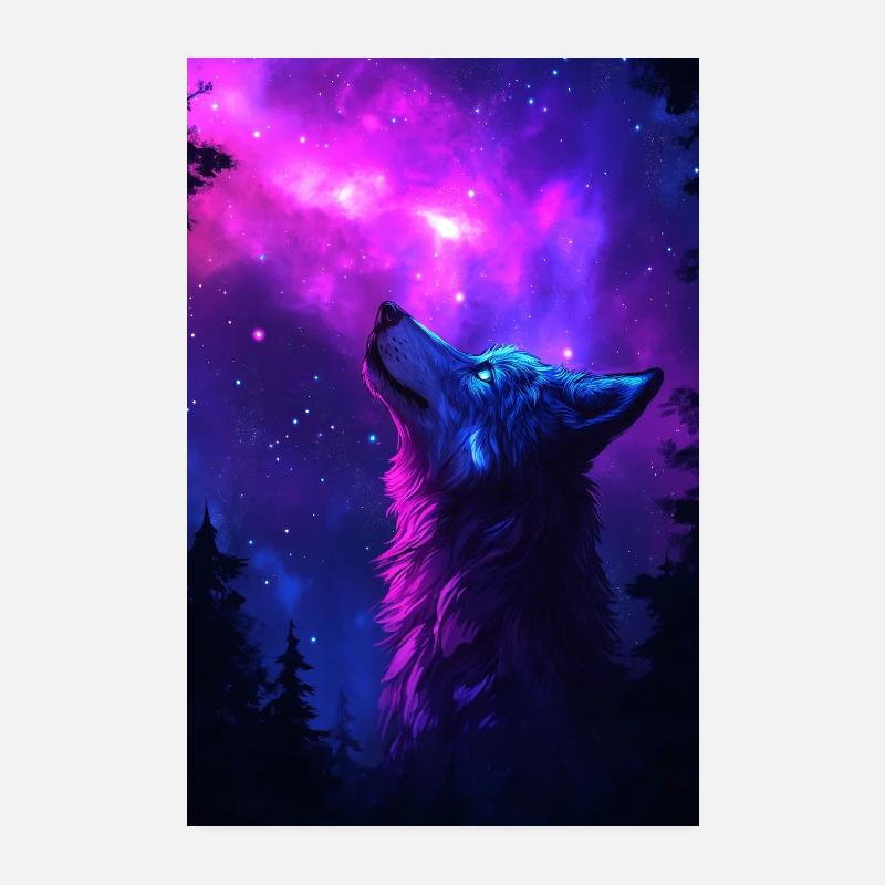 Wolf Night Sky Galaxy Mystical Glowing Poster 8" x 12" (20x30 cm)