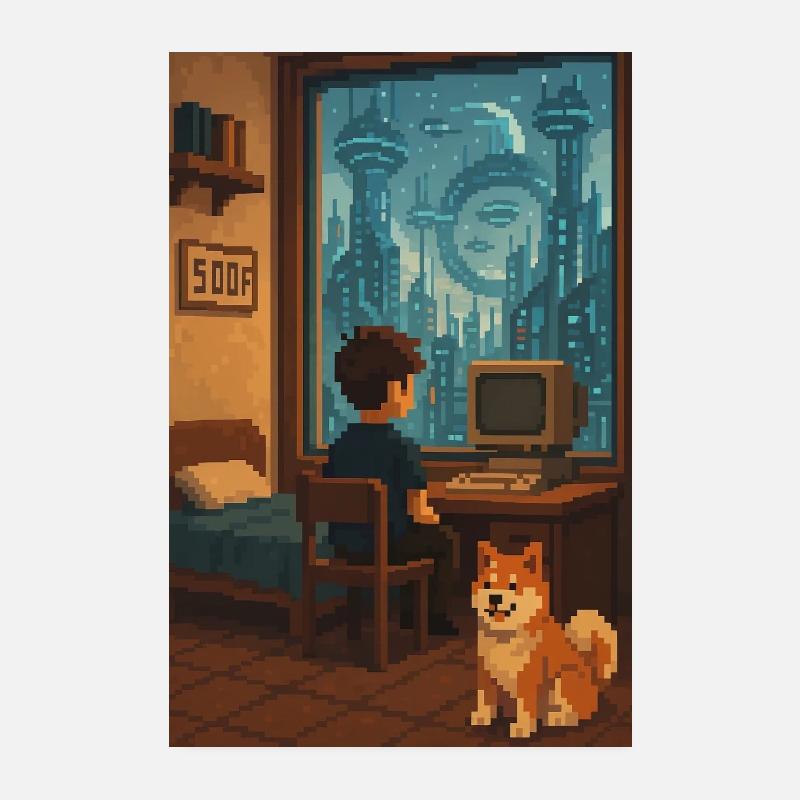 Pixel Art Room Computer Dog Futuristic Poster 8" x 12" (20x30 cm)