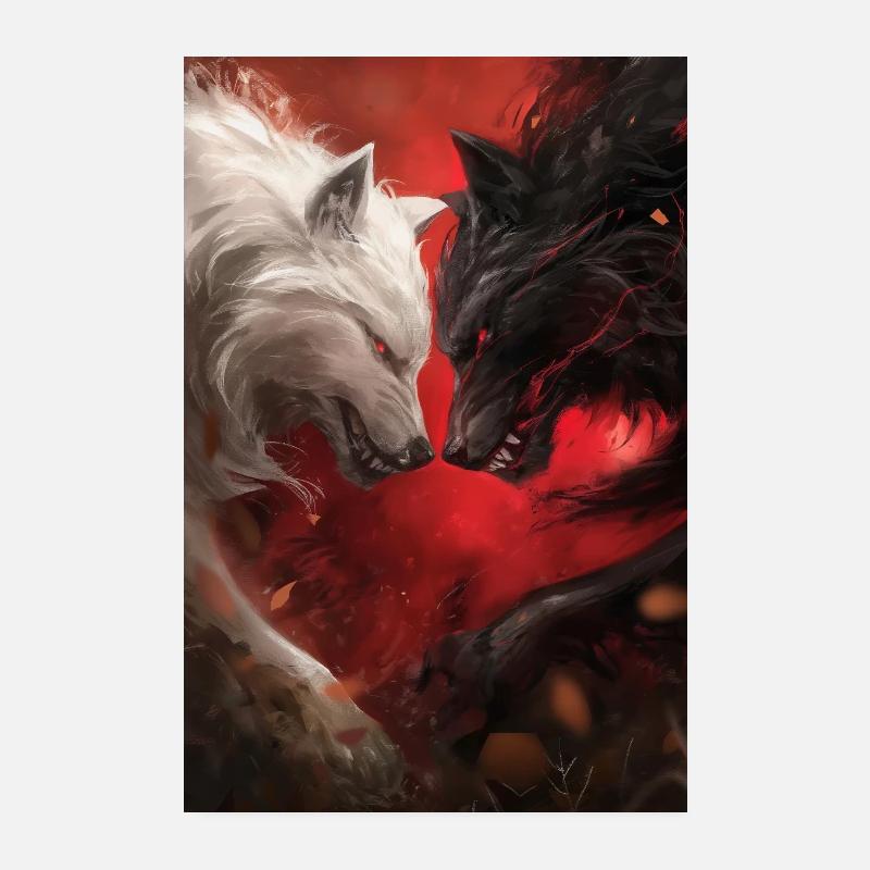 weißer Wolf schwarzer Wolf Kampf Fantasy Poster 20x30 cm