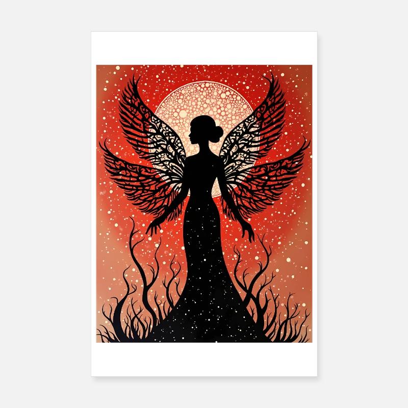 Silhouette d’une fée devant le ciel rouge avec la lune Poster 20 x 30 cm
