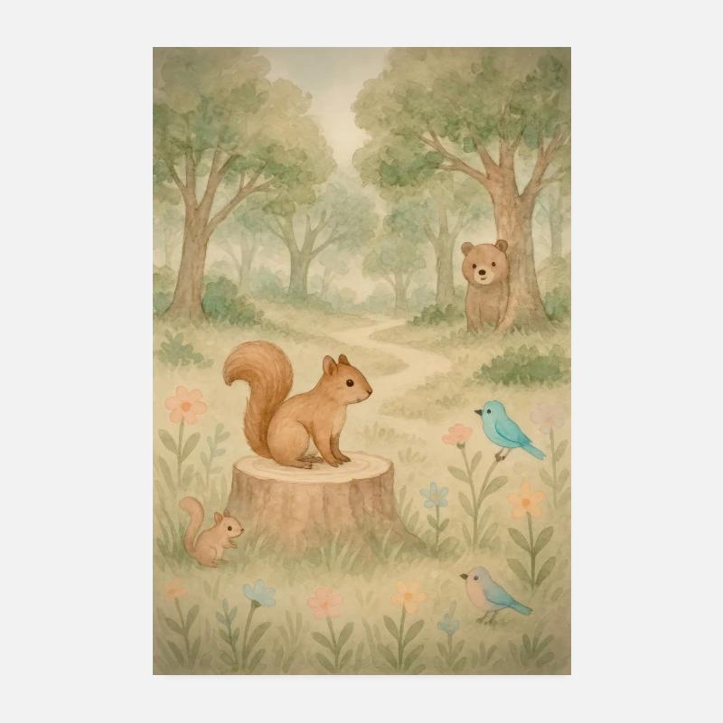 Eichhörnchen in freier Wildbahn mit seinen Freunden - Poster 20x30 cm - Weiß