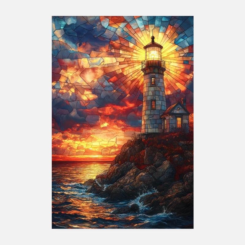 Vitrail phare coucher de soleil Poster 20 x 30 cm