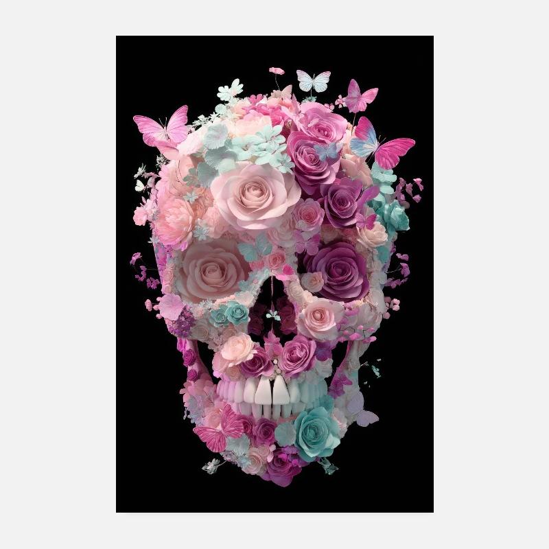 Crâne floral avec des papillons Poster 20 x 30 cm