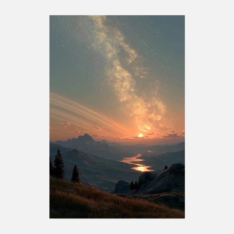Cosmic Sunset Over Mountains Poster 8" x 12" (20x30 cm)