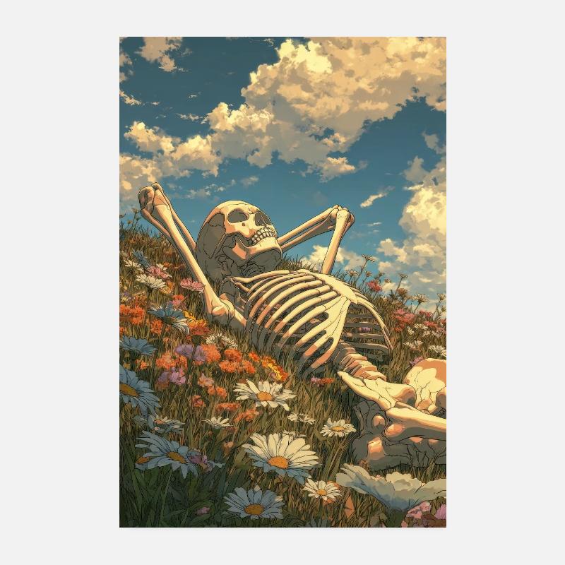Relaxing Skeleton in Flower Field Poster 8" x 12" (20x30 cm)