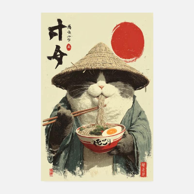 Chat samouraï mangeant des ramen Poster 20 x 30 cm