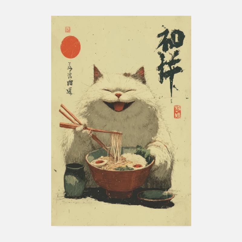 Happy White Cat Slurping Ramen Poster 8" x 12" (20x30 cm)