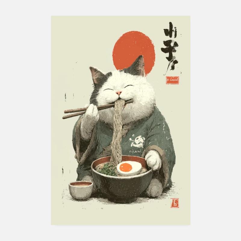 Samurai Cat Slurping Ramen Poster 8" x 12" (20x30 cm)