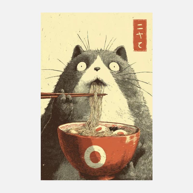 Shocked Cat Eating Ramen Poster 8" x 12" (20x30 cm)