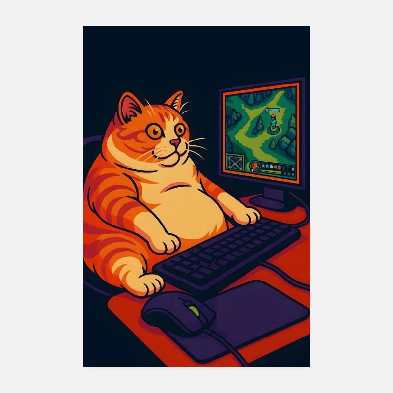 Chubby Gaming Cat with Retro Pixel Art Poster 8" x 12" (20x30 cm)