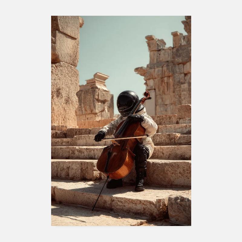 Futuristic Astronaut Playing Cello on Ancient Step Poster 8" x 12" (20x30 cm)