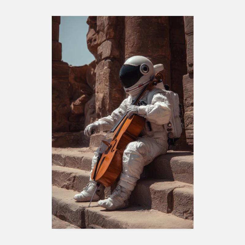 Astronaut mit Cello auf uralten Stufen Poster 20x30 cm
