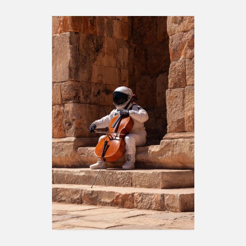 Astronaut Playing Cello in Ancient Ruins Poster 8" x 12" (20x30 cm)