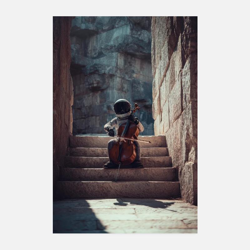 Astronaut Playing Cello on Ancient Stairs Poster 8" x 12" (20x30 cm)