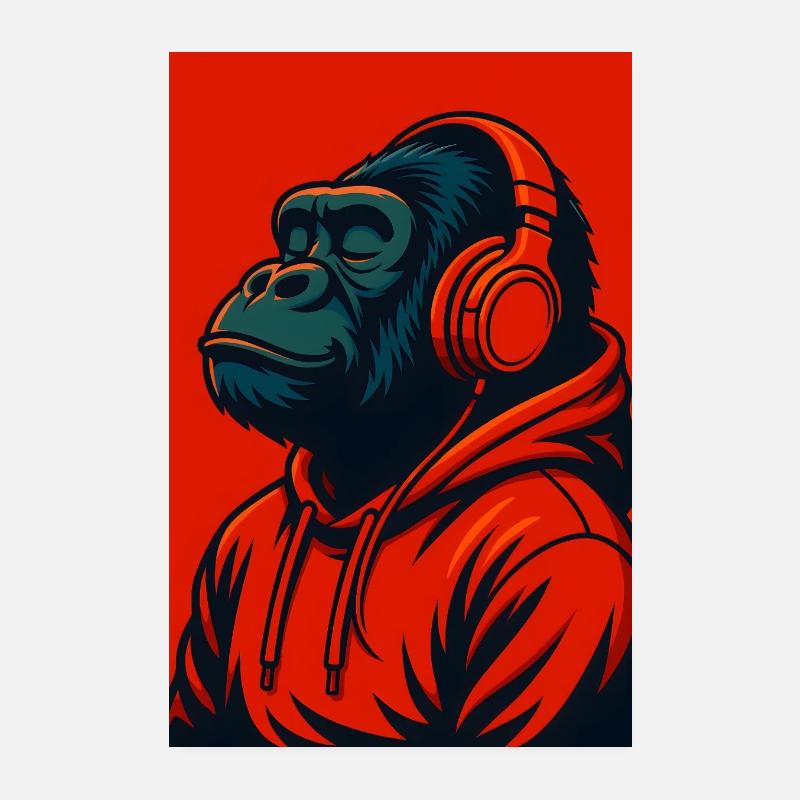 Gorille en sweat à capuche avec écouteurs Poster 20 x 30 cm