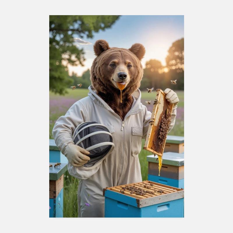 Humanoid Beekeeper Bear with Honeycomb and Bees Poster 8" x 12" (20x30 cm)