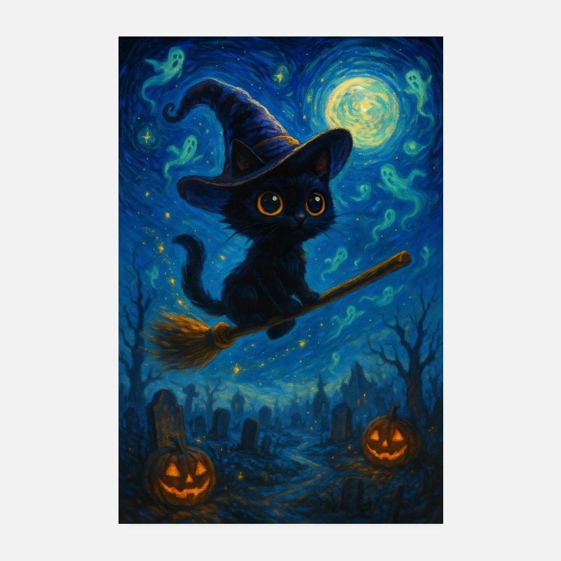 Black cat with witch's broom Poster 8" x 12" (20x30 cm)
