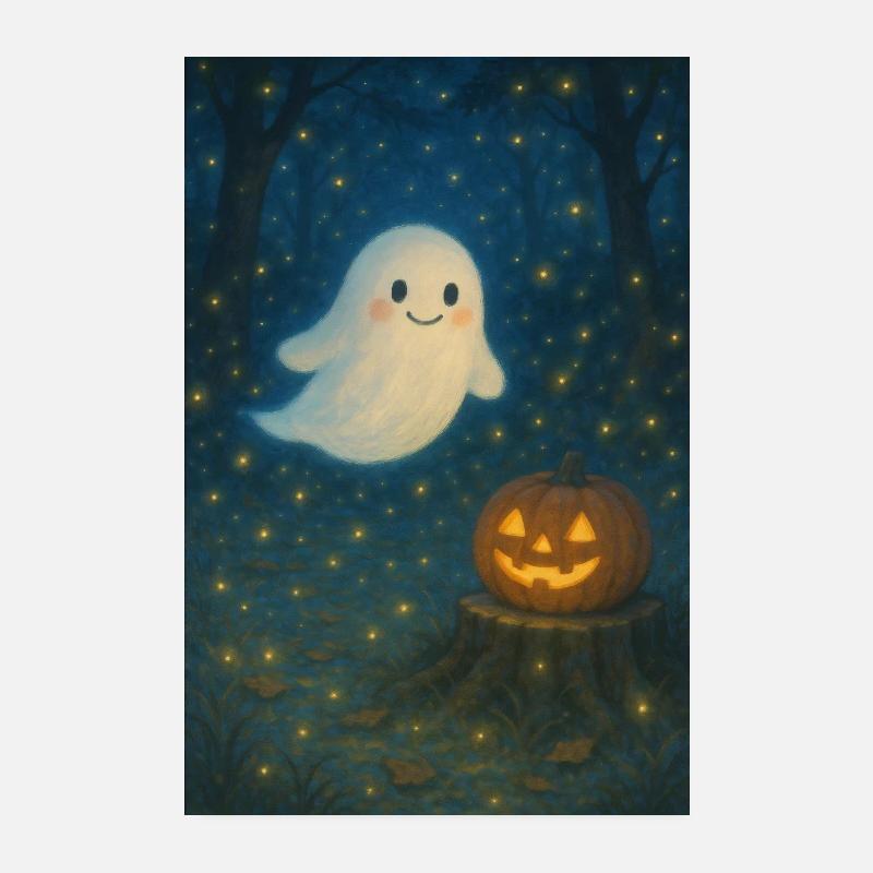 Cute Halloween Ghost with Jack-o'-lantern Poster 8" x 12" (20x30 cm)
