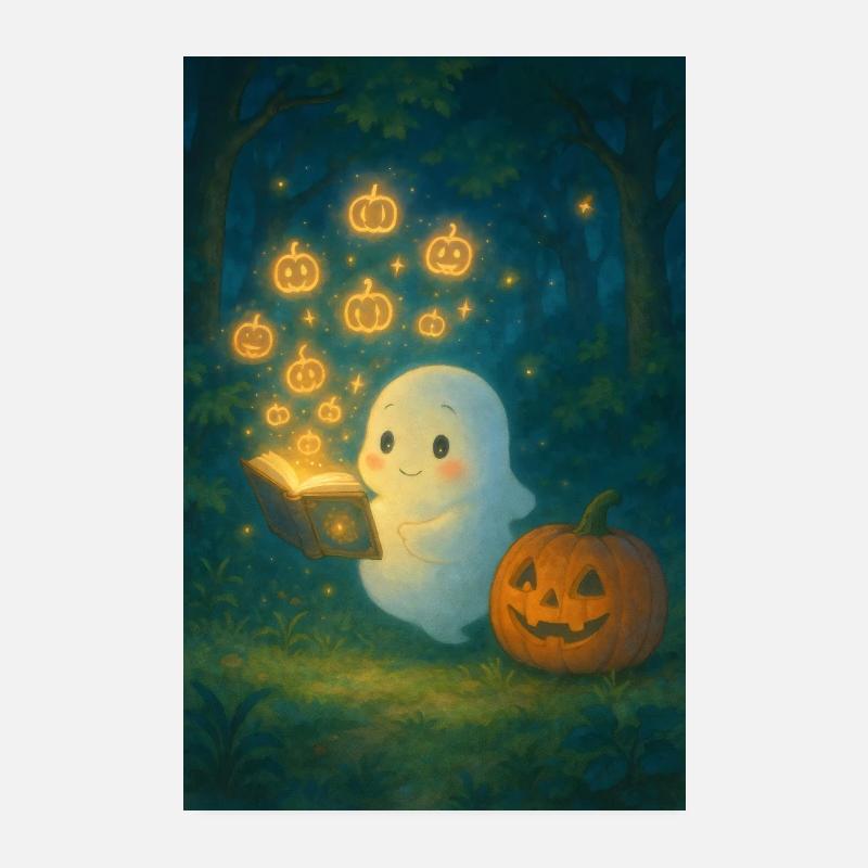 Fantôme d’Halloween avec citrouille Poster 20 x 30 cm