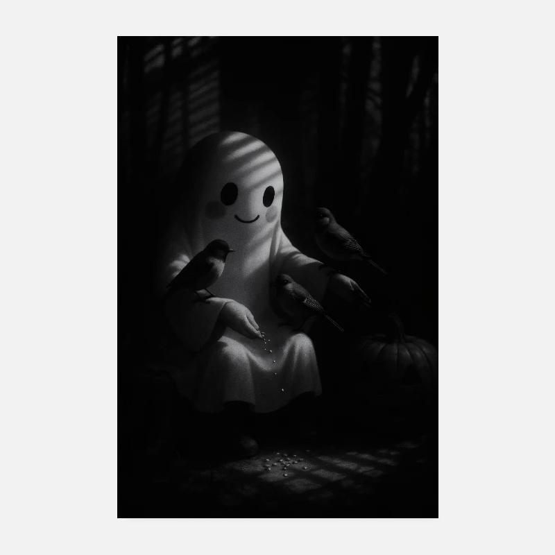 Whimsical Ghost and Birds Poster 8" x 12" (20x30 cm)