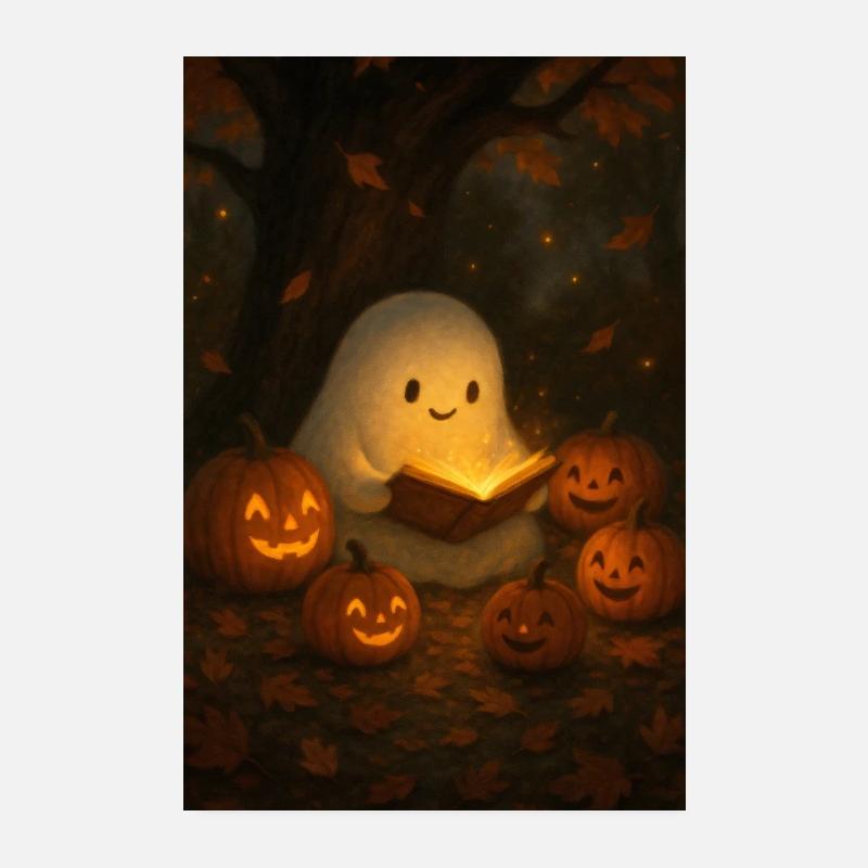 Halloween Ghost Reading Book Poster 8" x 12" (20x30 cm)