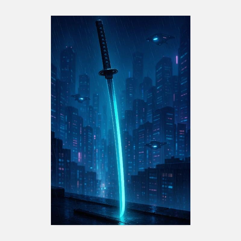 Neon Katana over Rain City Poster 8" x 12" (20x30 cm)