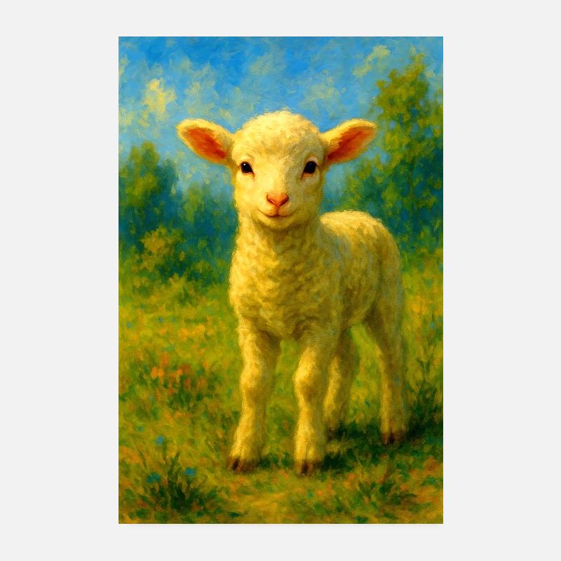 Pastel sheep/lambs in a summery meadow Poster 8" x 12" (20x30 cm)