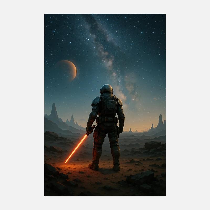 Astronaute avec un sabre laser rouge sur un monde extraterrestre Poster 20 x 30 cm