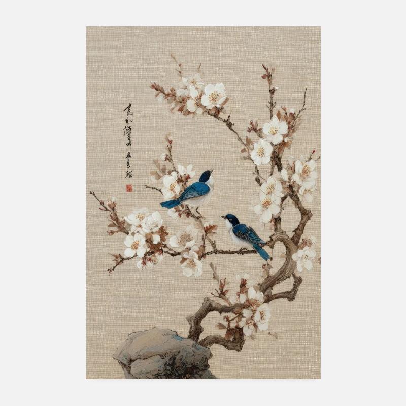 Harmonie de la Fleur et des Oiseaux Bleus Poster 20 x 30 cm