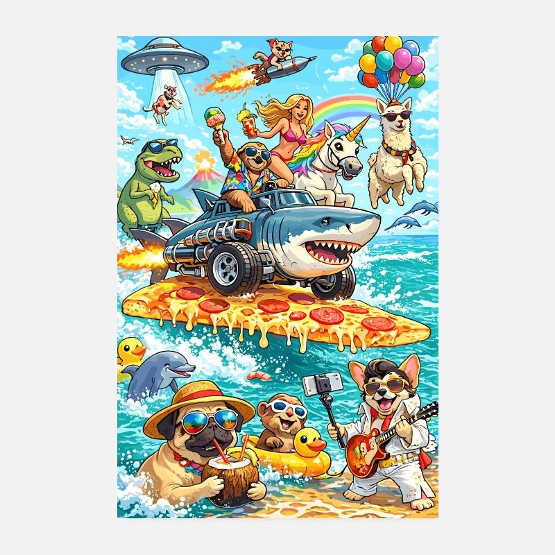 Dino Unicorn Pizza Beach Poster 8" x 12" (20x30 cm)